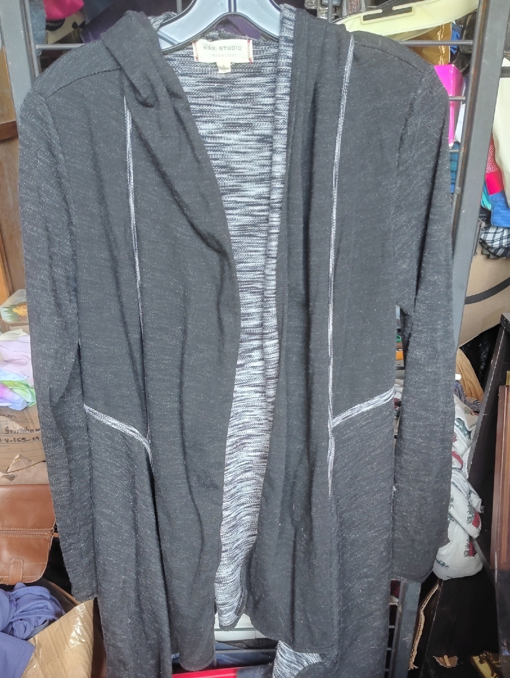 Max Studio Black Hooded Open-Front Cardigan with Contrast Trim Small